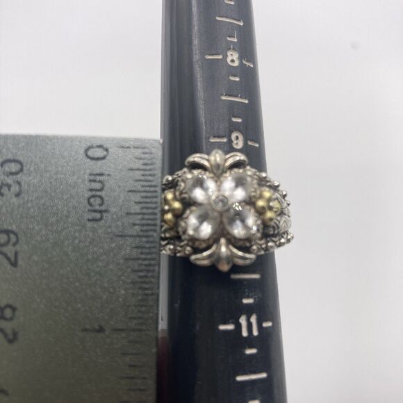 Barbara Bixby Clear/White Topaz Signature Flower .925 18k Ring Size 10 Statement - Picture 6 of 6